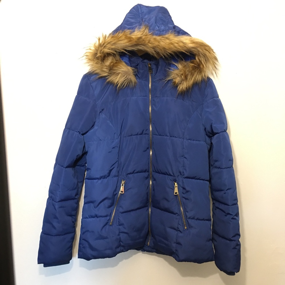 Jaclyn Smith Royal Blue Puffer Jacket w/Faux Fur Trim Hood: Size Medium
